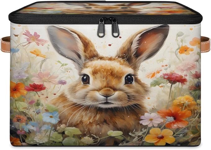 Pardick Storage Bin Easter Bunny Rabbit Storage Basket with Zipper Lid & Handle Foldable Storage Box Cube Bins Clothes Organizer for Closet, Bedroom