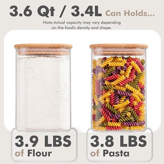 2-Pack 3.4Qt Large Glass Flour Sugar Storage Containers with Lids | Wide Mouth Design, With Measuring Cups, Minimalist Kitchen Organizer,Scandinavian Style Storage,Nordic Style Storage