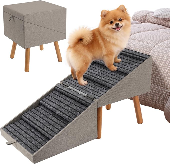 Split Ottoman Dog Ramp for Bed and Couch, 21.06" H Non Slip Dog Stairs for Small Medium Large Dogs Cats Puppies Joint Support, 2 in 1 Foldable Wooden Pet Steps for Senior/Injured Dogs, Space Saving