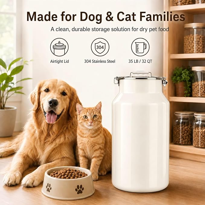 35 lb Dog Food Storage Container, Airtight 304 Stainless Steel Bin | 32 Qt capacity, locking lid, silicone seal ring, top handle, 1 cup scoop, for kibble, dogs and cats