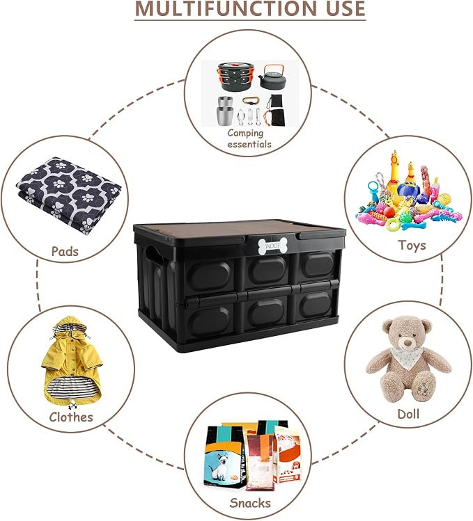 Outdoor Dog Toy Bin wtih Handles,Collapsible Dog Stuff Organizer Portable,Pet Storage Basket with Wood Cover for Dog Toys/Snack/Camping Essentials,Ideal for Car Trunk,RV Trip,Picnic-Black