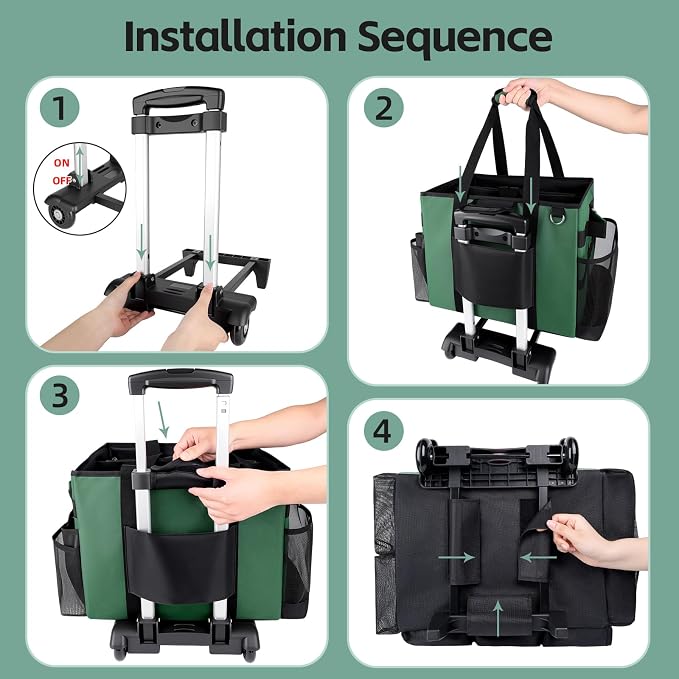 Large Rolling Cleaning Caddy Bag with Wheels, Cleaning Bag with Detachable Trolley, Cleaning Bags on Wheels for Housekeepers, Cleaning Cart Supplies Organizer for Home, Car, Picnic (Green)