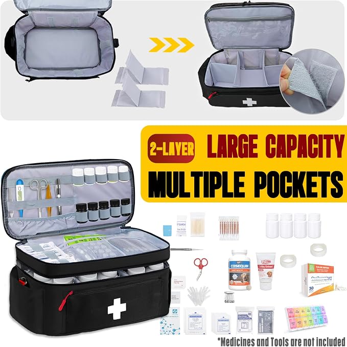 2-Layer First Aid Bag Empty 15¾”x 9½”x7” Medical Bag Large Pill Bottle Box Portable Emergency Bag for Outdoor Travel & Home Use, Medicine Kit Organizer Case with Shoulder Strap (Black)