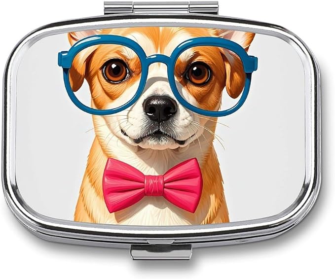 Pet Dog Soft Bow Tie, Oversized Glasses Pill Box 2 Compartment Medicine Pill Case Portable Pill Organizer for Pocket Or Purse Decorative Metal Medicine Vitamin Organizer