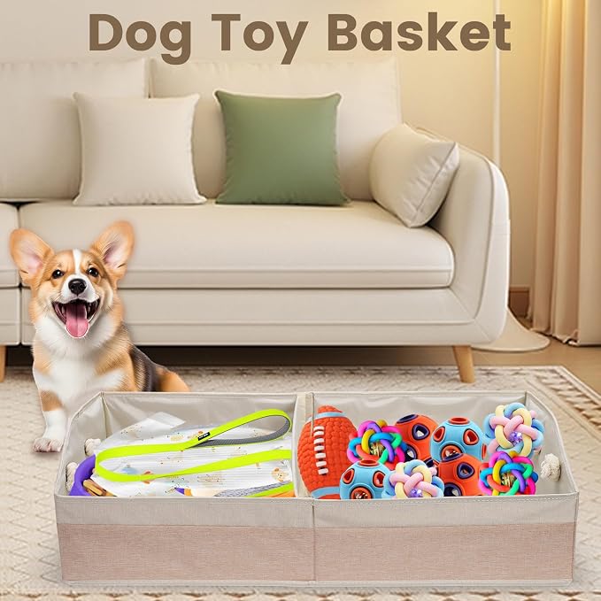 Large Dog Toy Basket with Handle, Foldable Dog Toy Box for Living Room Area , 28.5" Basket for Dog's Supplies, Organizer and Storage with Hard Board, Anti-Slip for Pet Toys (Beige, Large 28.5"×15")