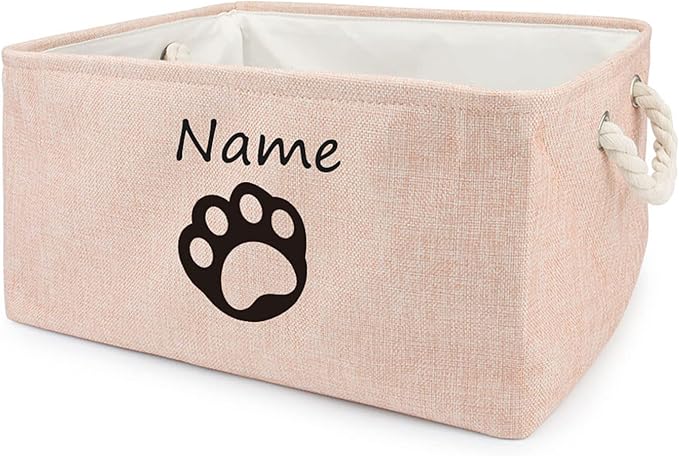 Personalized Dog Toy Storage Basket Bin Collapsible Customized Pet's Name Storage, Organizer for Dog Toys、Clothing、Apparel & Accessories with Box Paw Print(Pink-M)