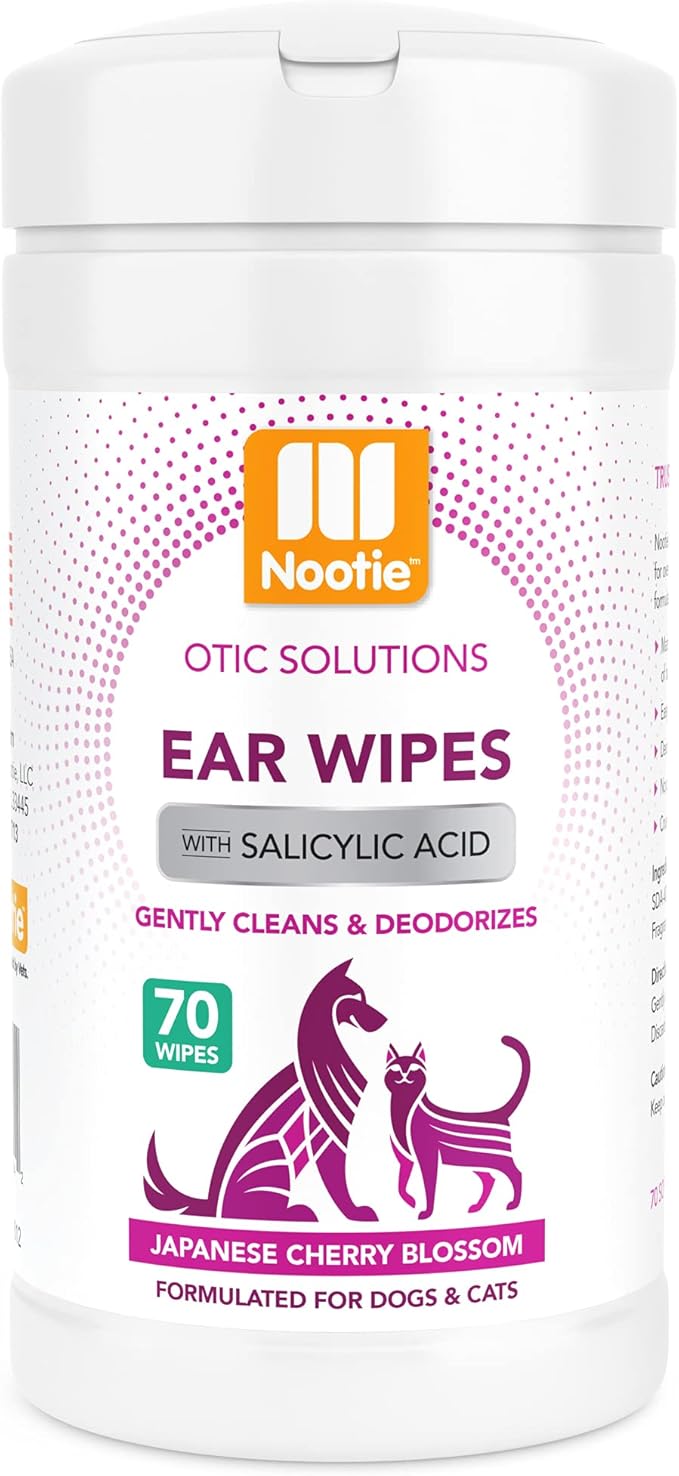 Nootie Dog & Cat Ear Wipes with Salicylic Acid - Japanese Cherry Blossom Scent - 70 Wipes - Vegan Friendly