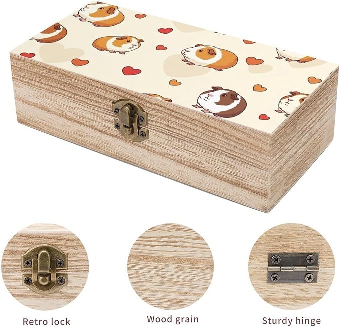 Wooden Storage Boxes Decorative Keepsake Organizer with Lid, Cute Guinea | Pig Pets Memory Box for Picture Letters, Holiday Party Decoration, 9.2x5.5x3.9 Inch