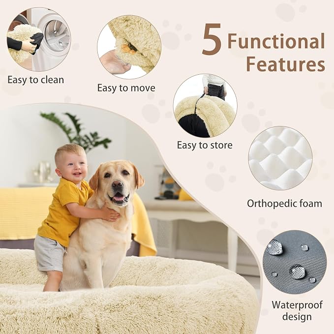 ROOMTEC Human Dog Bed, 78''x51''x12'' Size Fits Adult and Pet Washable Giant People Bed 10 CM Thick Memory Foam Large Oversize Pet Bed with Plump Pillow, Blanket, Strap - Beige