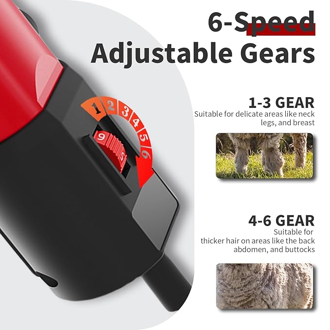 1200W Sheep Shears Clippers, 3200RPM 6-Speed Adjustable Heavy Duty Electric Sheep Shears for Dogs and Farm Livestock Grooming, 13T Blades, Professional Thick Coat Dog Clippers for Alpacas, Goats (RED)