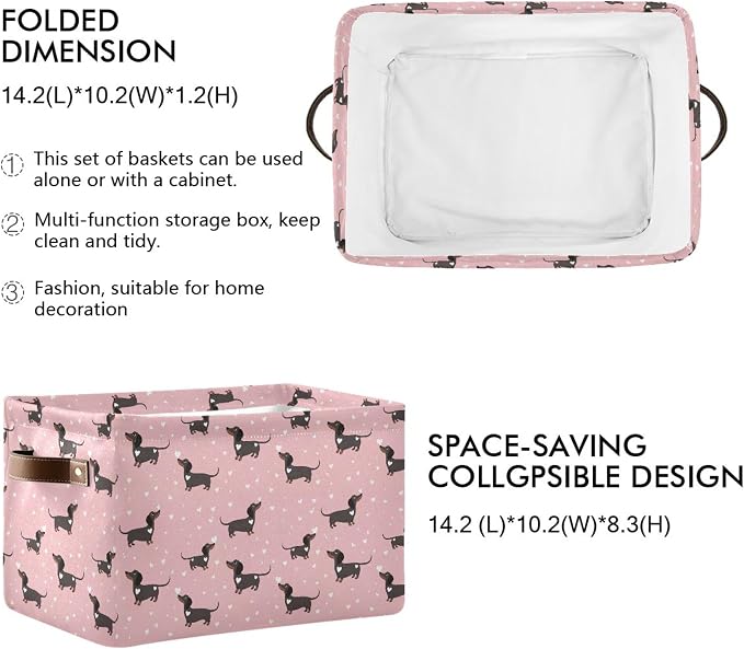 Pink Love Dachshund Dog Storage Basket Fabric Kitchen Baskets Cute Puppy Open Home Storage Bins Boxes Foldable Organizer Bag for Baby Cloth Pet Toy Book Shelf Closet Baskets 16×12×8 Inches 2 Pack