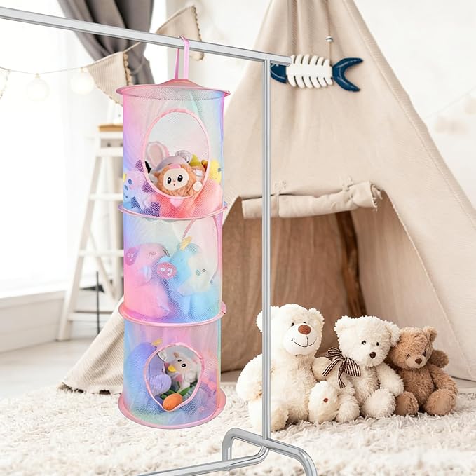 ChezMax Hanging Mesh Stuffed Animal Storage - 3 Tiers 2 Pack Large Stuffed Animal Net Organizer, Foldable Space Saver Bags Basket Organization Holder Room Bedroom Playroom Wardrobe Rainbow