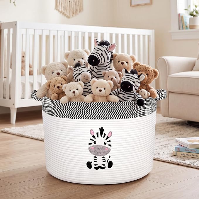LemonRoad Extra Large Basket 20"x14", Woven Basket for Laundry Blanket Toy Box with Handle Storage, Blanket Storage for Living Room Nursery Pillows Chest(Cotton Rope,Zebra,Brown White)