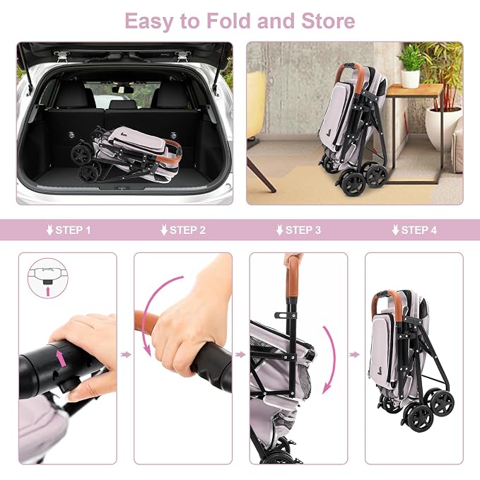 Double Pet Stroller for 2 Dogs & Cats, Double-Decker, Pink | One-Hand Fold Two-Tier Stroller with Separate Cabins, 44 lb Capacity, 4 Tethers, Locking Front Wheels and Rear Brakes