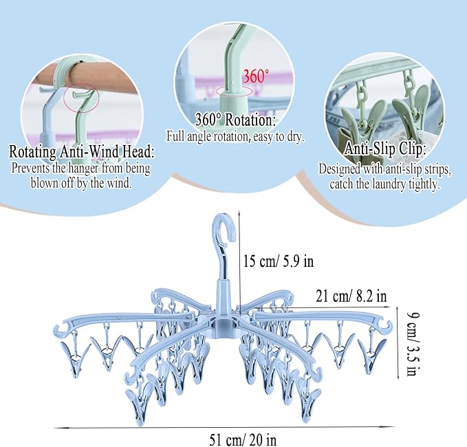 Clothes Sock Drying Hanger with 24 Clips,Foldable Hanging Rack | for Drying Socks Lingerie Baby Clothes Drying Towels Rotatable Sock Drying Rack with 24 Pegs Clips(blue)