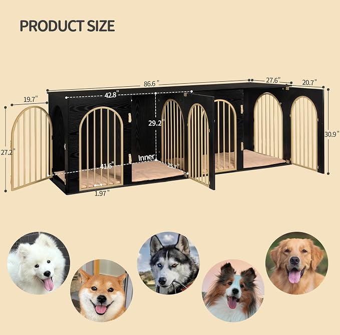 Hzuaneri 86.6" Double Dog Crate Furniture, Dog Kennel Indoor with Cushion | Heavy Duty Dog Crate Furniture for 2 Dogs,Dog Cage End Table TV Stand with Divider for Med-Large Dogs,Black Gold DFC84004AV1