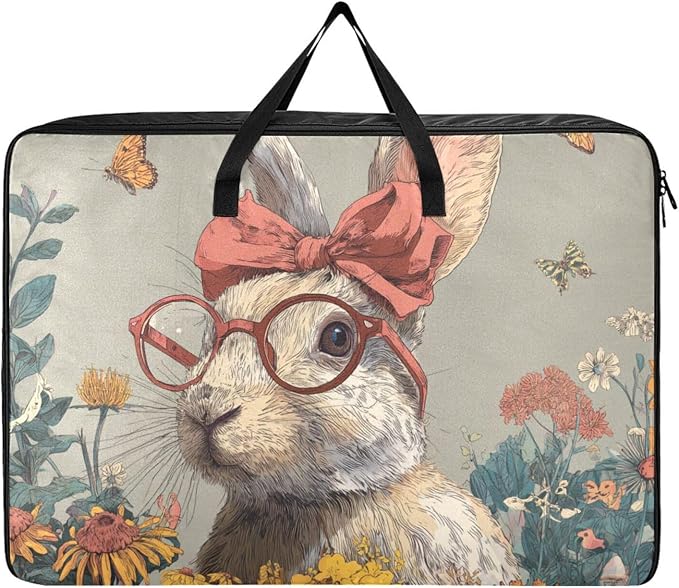 Comforter Storage Bags Large Folding Blanket Organizer Bag with Strong Handles Clear Window Closet Storage Containers for Clothes King Queen Pillows Bedding Quilt Duvet Grey Easter Bunny and Wi