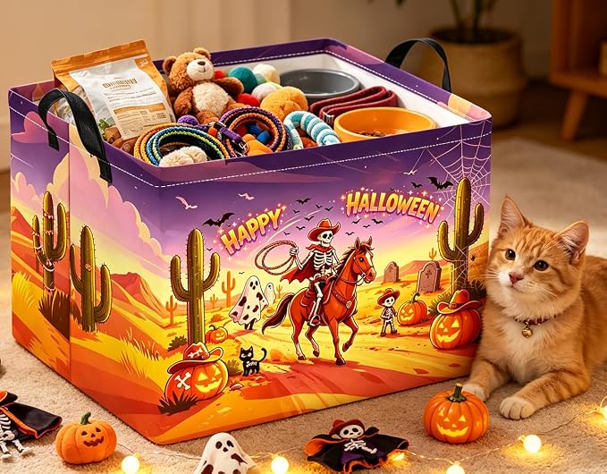 Rectangle Storage Basket with Handles,Collapsible Storage Bin,Books Box,Gift Basket(Cowboy Halloween)
