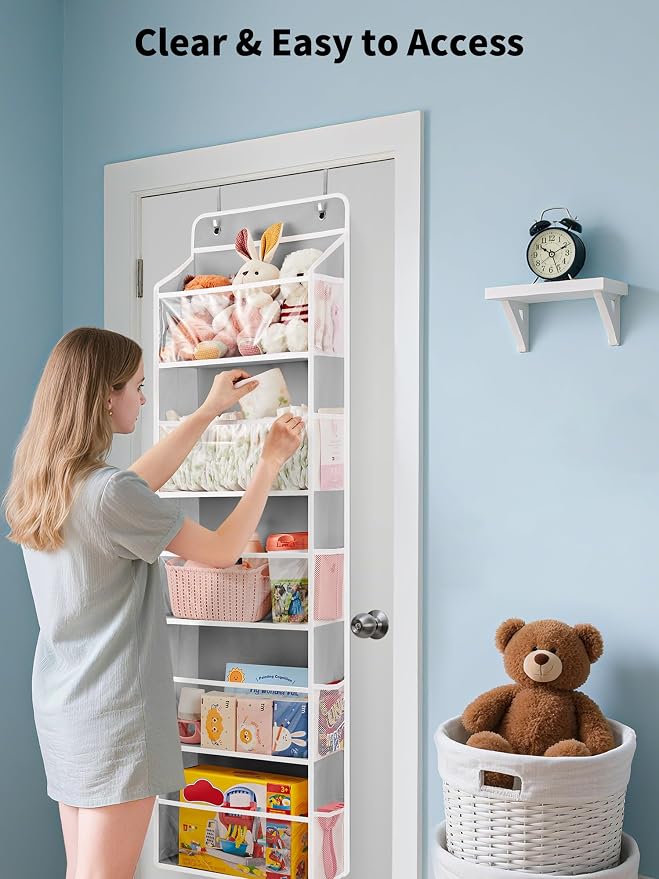 JARLINK Over The Door Toy Storage Organizer w/Clear Window, Grey, 2 Pack | Anti-Tilt 44 lb Load Capacity, Baby Toy Storage Organizer for Stuffed Animals, Nursery, Kid Bedroom, Newborn Baby Essentials