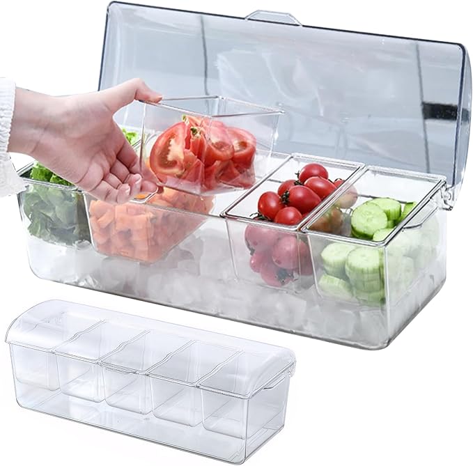 Gcroet Chilled Condiment Server with Lid 5 Compartment Condiment Tray with Ice Chamber and Handle Food Grade PET Transparent Caddy for Bar Party ...