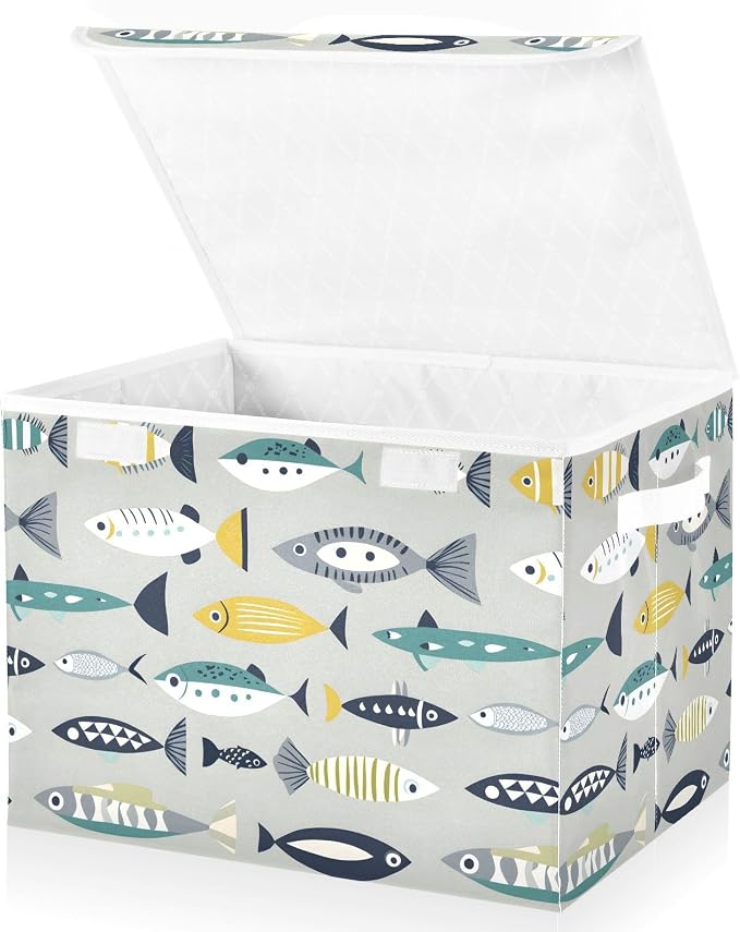 Storage Bins with Lid Fish Pattern Foldable Storage Boxes 40L Baskets | Decorative Storage Boxes, 300D Oxford Cloth, Hollow Board Frame, Flip Top Velcro Lid, 16.5x12.6x11.8 inch, Collapsible Design