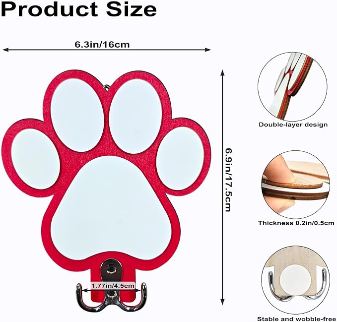 Rustic Wooden Dog Leash Holder Wall Decoration, Cute 3D Puppy Paw Wall Mount Hanger Organizer Hooks for Home Decor, Farmhouse, Coat Rack, Keys, Harness, Collars, Entryway, Pet Lover Gift (Red)