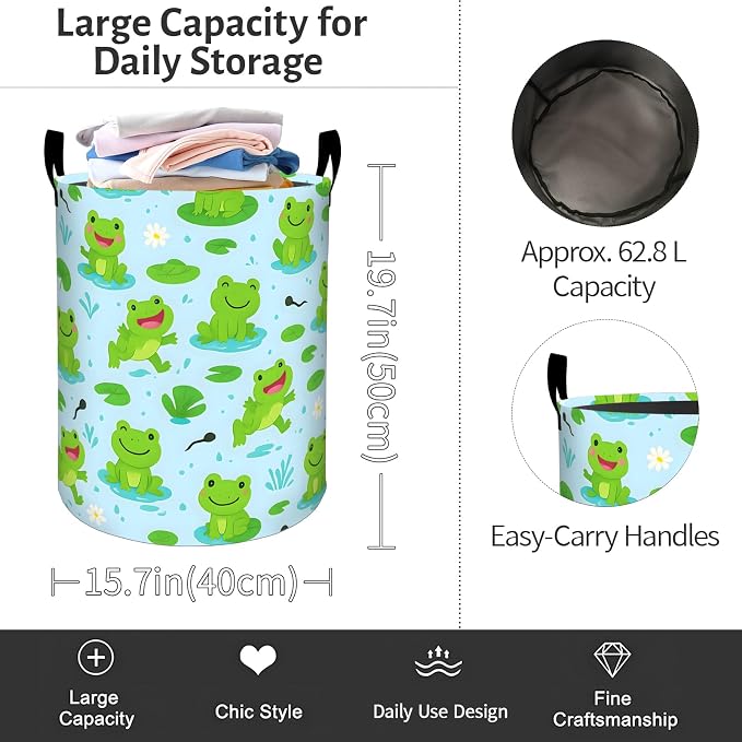 Cute Frog Laundry Basket, Cartoon Frogs Lily Foldable Oxford Cloth, Waterproof Dirty Clothes Hamper with Handles, Clothing Storage Bin Toy Organizer for Bedroom Dorm Bathroom, 19.7"x15.7"