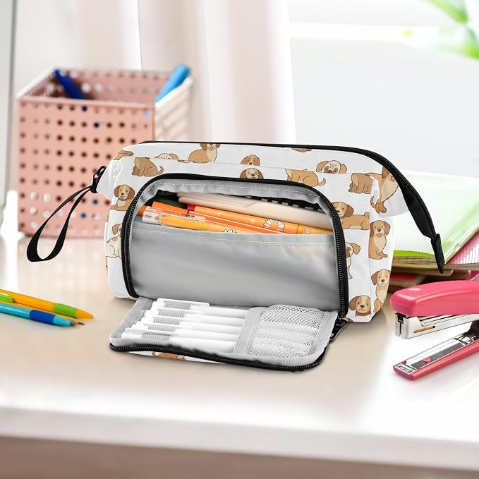 Emelivor Pets Dogs White Print Pencil Case Large Capacity Pencil Pouch Bag with Compartmens Pen Organizer Portable Stationery Bag for School Office Girls Boys Adult College