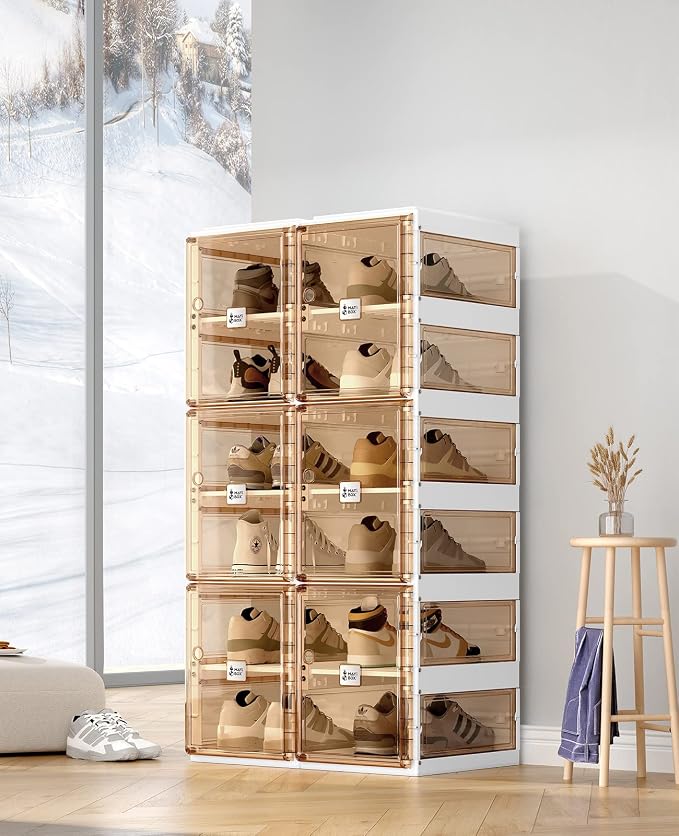 ANTBOX Foldable Shoe Rack,Shoe Organizers for Closet Plastic Shoe Storage Box For Entryway,Living Room,Large Sturdy Stackable Sneaker Cabinet Bins With Magnetic Clear Door 6 Tiers 12 Pairs