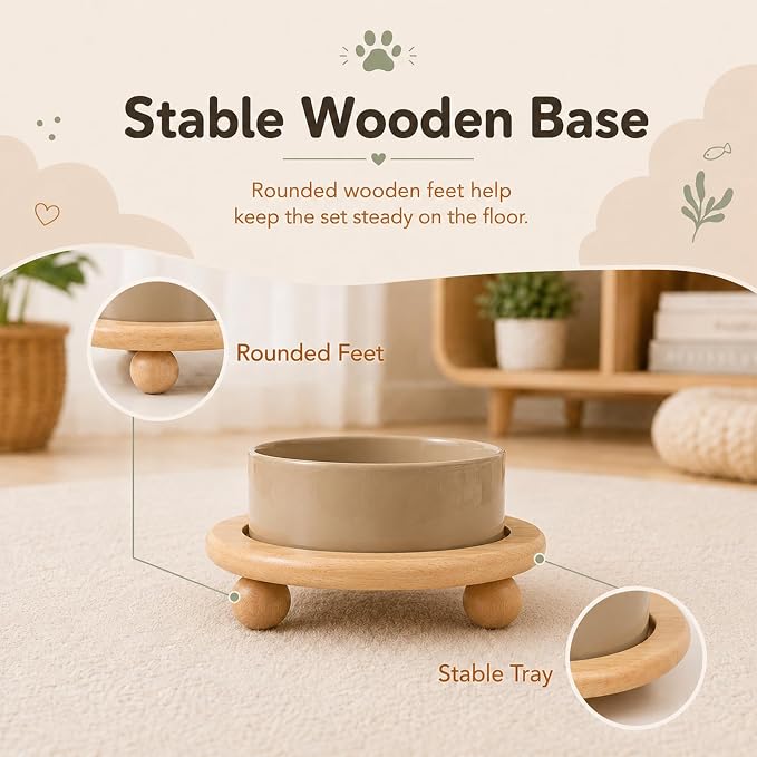 Havniva Raised Cat Bowl 5.1” Elevated Ceramic Cat Food and Water Bowl | Cat Bowls Elevated, Whisker Friendly Cat Bowl, Non-Slip Wood Stand, Food-Grade Ceramic, Wide Opening, Dishwasher Safe