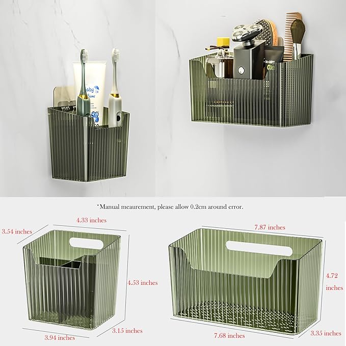Lae Nuvole 2Pcs Storage Organizer Bins, Wall Mount Toothbrush Holder, Green | with Dividers & 4 Adhesive Pads, No Drill, Renter Friendly, BPA-Free PET; Fits Bathroom, Apartment, RVs, Cabinet/Pantry Door