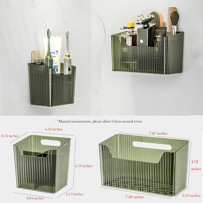 Lae Nuvole 2Pcs Storage Organizer Bins, Wall Shower Toothbrush Caddy, Clear | with Dividers & 4 Adhesive Pads, No Drill, Renter Friendly, BPA-Free PET, Fits Bathroom, Apartment, RVs, Cabinet/Pantry Door