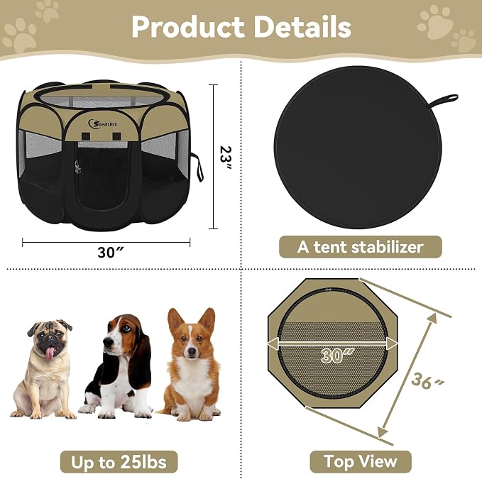 Siedihit Dog Cat Playpen, Medium Puppy Pet Playpen, Dog Crate Tent Cage | Indoor/Outdoor, Portable Pop Up Dogs Kennel Playpen with Carrying Case for Dogs/Cats/Rabbits(Black Khaki, Medium)