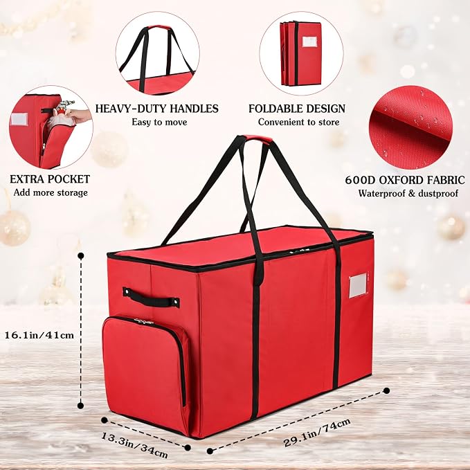2-in-1 Christmas Ornament Storage Box & Xmas Figurine Container, Premium Christmas Ornament Storage Container - Holds Up to 64pcs-3” Ornaments, Adjustable Dividers, 4 Individual Trays -Red