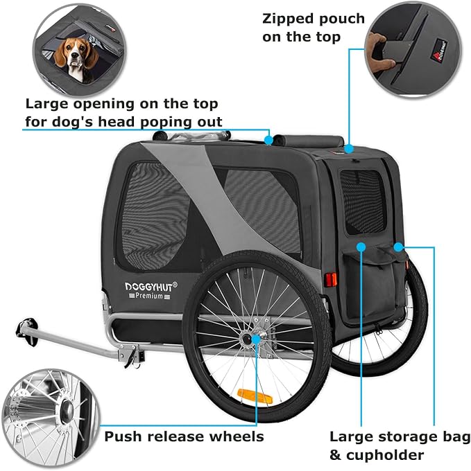 DOGGYHUT® Premium Large Pet Bike Trailer, Up to 77 lbs (Gray) | Bicycle Trailer for Small Medium or Large Dogs, Dog Bicycle Carrier, Low Center of Gravity, Folding Frame Cart