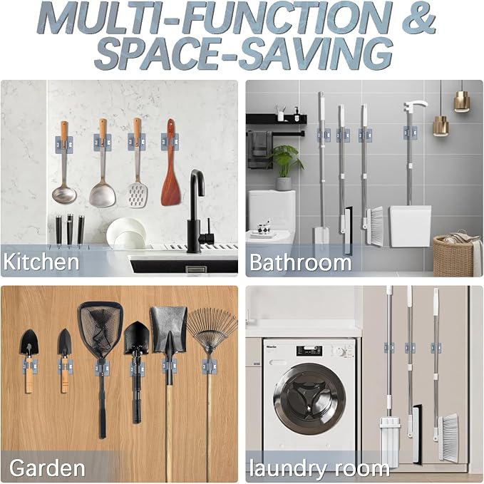3-H 24-Pack Self Adhesive Broom Holder Wall Mount - Heavy Duty No Drill Broom Organizer for Garage Closet Kitchen, Plastic Storage Rack for Brooms Mops Tools, Peel and Stick Adhesive,Grey