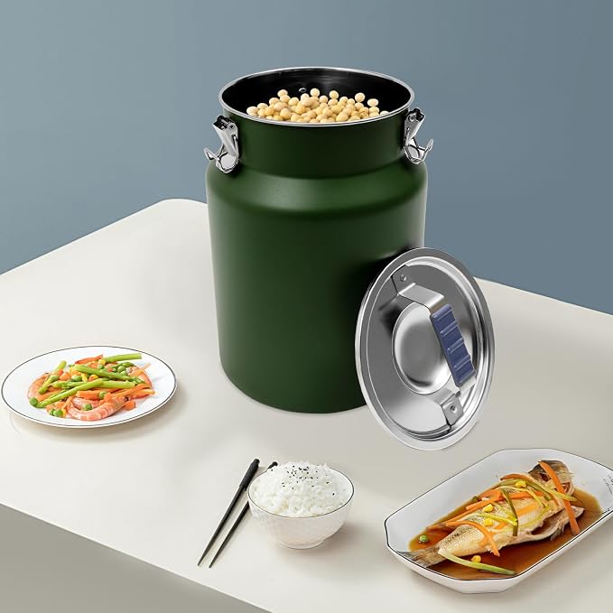 12L Stainless Steel Rice Storage Container with Airtight Lid&Handle, Green | Secure 3-Buckle Locking Lid, Portable Handle and Wide Opening, Stores Rice, Flour, Pet Food, Tea, Oil, Milk, Grains