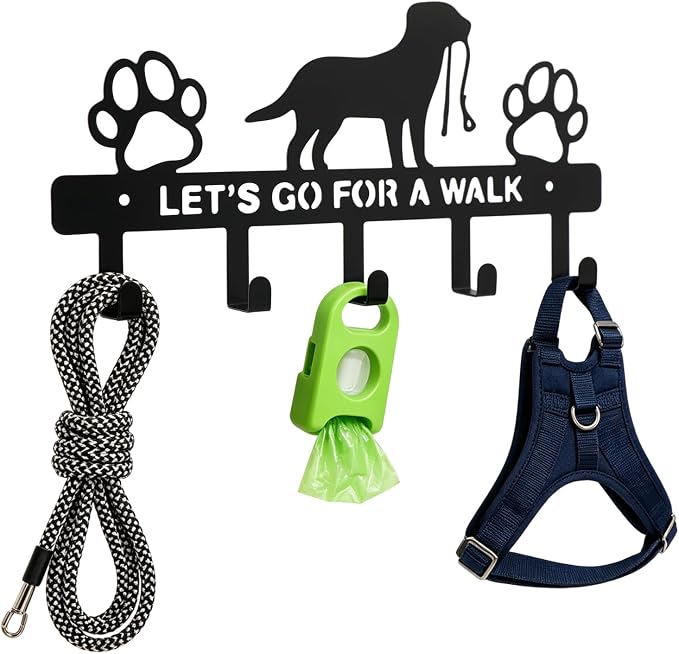 5-Hooks Dog Leash Holder for Wall, Metal Key Holder Leash Hooks,Pet Leash and Key Organizer, Screw Mounted Rack for Leashes Keys Collars, Entryway Garage Mudroom(10.6" × 4.9" × 0.8")