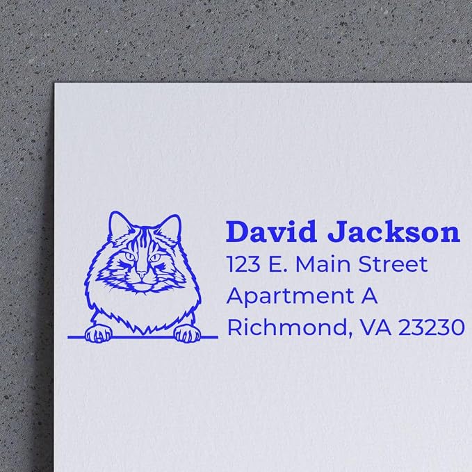 Peeking Norwegian Forest Cat Self-Inking Address Stamp - Custom Stamper | Made to Order Address Stamp for Thank You Notes. One household per die. Norwegian Forest Cat Return Address Rubber Stamp.