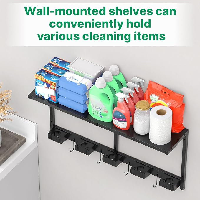 CCCEI Broom and Mop Wall Mount with Shelf, Laundry Room Cleaning Tools Organization Hanging Rack with Hooks, Bathroom, Garage, Garden Organizers and Storage. All Metal, Black, 2 Pack.