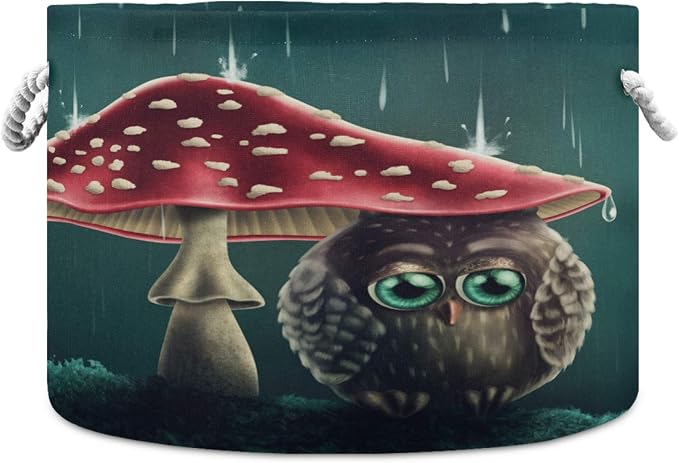 visesunny Storage Basket Little Owl Sitting Under Mushroom Animal Nursery Hamper Canvas Fabric Toy Storage Organizer Bin Storage Box Laundry Basket for Kid Rooms,Playroom,Shelves,Toy Basket