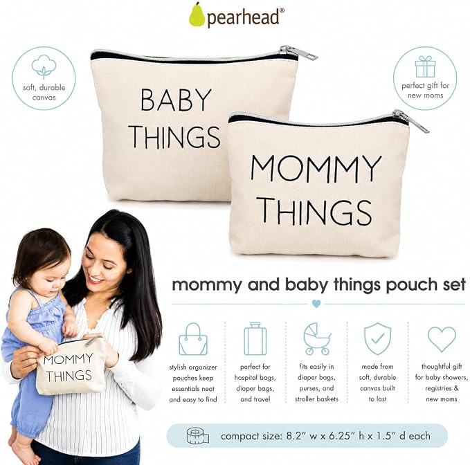 Pearhead Mommy and Baby Things Zipper Pouches, Set of 2, Organizer Bags | Diaper Bag Storage Organizer, Canvas Zipper Organize Bags for Travel or Hospital Bag, New Mom Gift, Cosmetic Makeup Bag