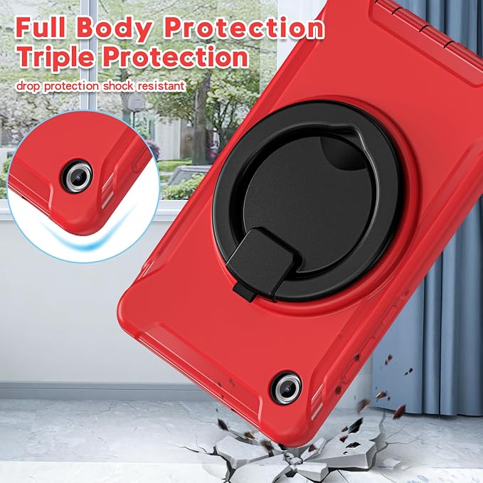Heavy Duty Shockproof Case for Samsung Galaxy Tab A11 8.7 Inch 2025 (Model: SM-X133/X135/X135F) - with 360° Rotating Stand Handle, Built-in Screen Protector,Kid-Friendly Protective Cover (Red)