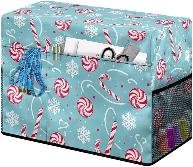 Christmas Candy Cane Snowflakes Print Sewing Machine Cover | Dust & Pet Hair Protection,Fits Standard Singer, Brother and Janome Machines, Protecting & Decorating Your Sewing Space