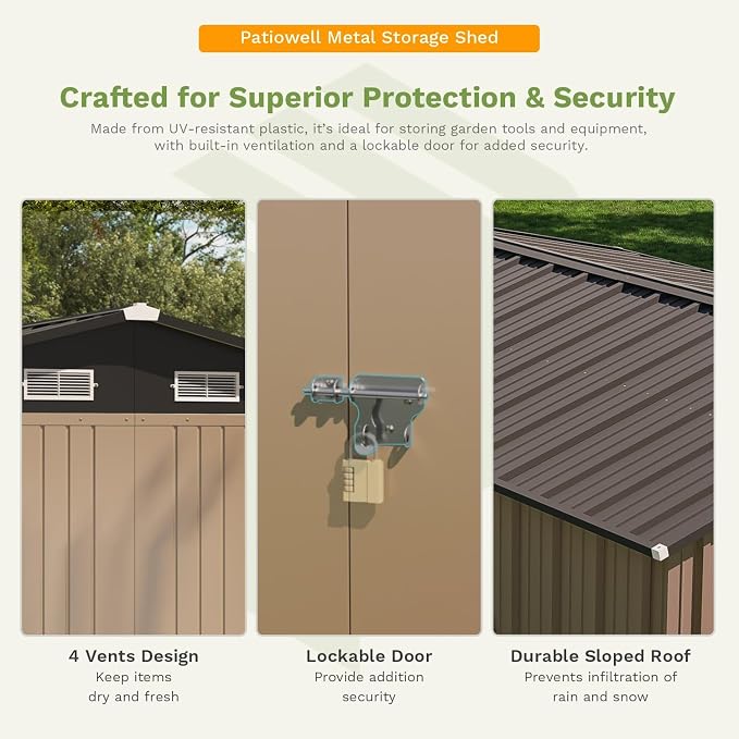 Patiowell 10x12 FT Storage Shed, Outdoor Metal Sheds, Brown | with Lockable Door & Sloping Roof, Waterproof Outside Large Garden Tool Shed with Breathable Vents for Patio Lawn Backyard