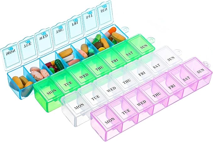 COMNICO Weekly Pill Organizer,4Pcs 7 Day Pill Case Daily Vitamin Case Medicine Box Portable Medicine Organizer with Compartment 4 Colors AM PM Pill Containers for Medicine Supplements Fish Oil