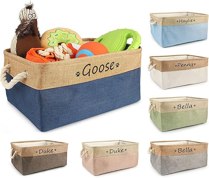 Personalized Dog Toy Basket with Name,Custom Dog Toy Basket,Paw Prints Pet Food Storage Container,Dog Toy Box for Small Dogs,New Puppy Supplies (Beige,M 36X27X17cm)