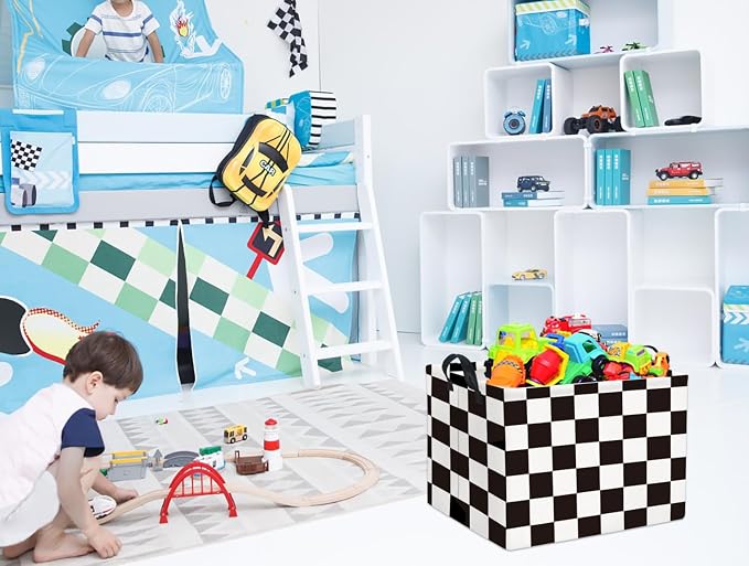 Rectangular Car Basket for Boys Checkered Basket Kids Baby Storage Bin Organizer Box Car Room Decor(Racing Flag)