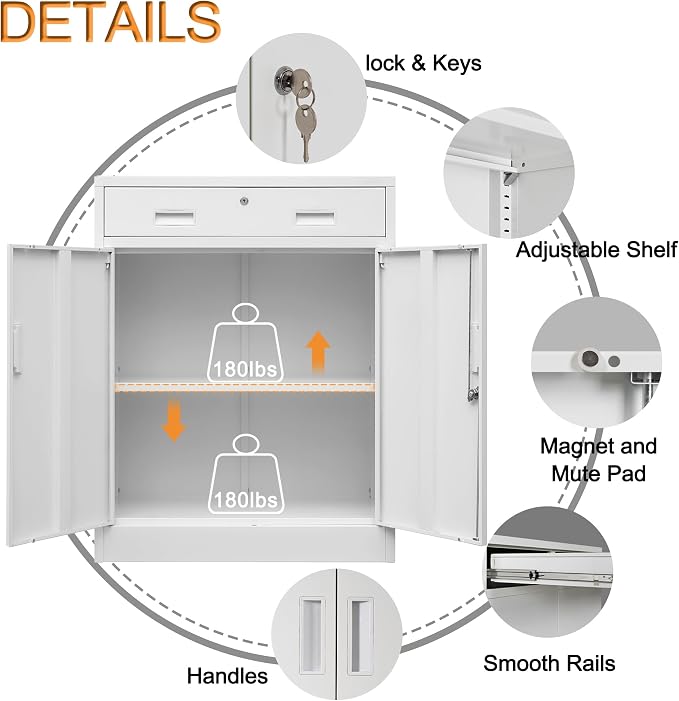 Wanfu Metal Storage Cabinet, Locking Cabinet with 1 Drawer and Adjustable Shelf, 36" H x 28" W x 16" D Steel Storage Cabinet for Office, Garage, Home-White
