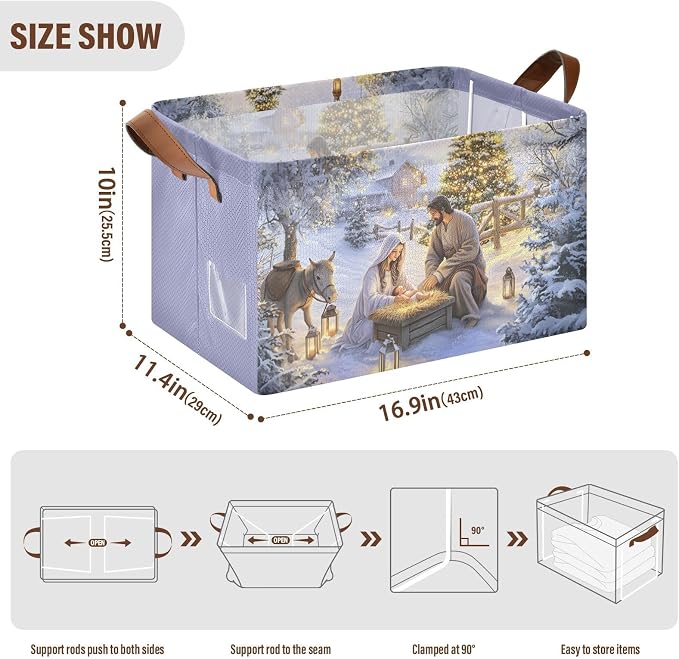 Nativity Scene Holy Night Religious Christmas Storage Bins for Shelves with Labels&Handles Fabric Organizer Bin Foldable Rectangle Storage Basket Boxes for Closet,Bathroom, Home, Living Room